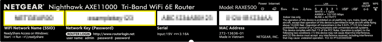 NETGEAR router label with SSID (network name) and default password highlighted