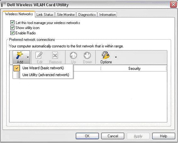 Connecting to a wireless network using the Dell Wireless Utility