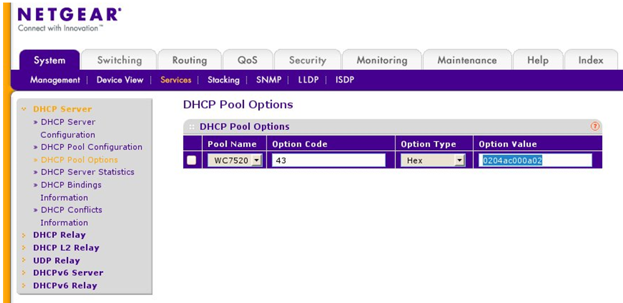 How do I configure DHCP option 43 on NETGEAR managed switch? NETGEAR