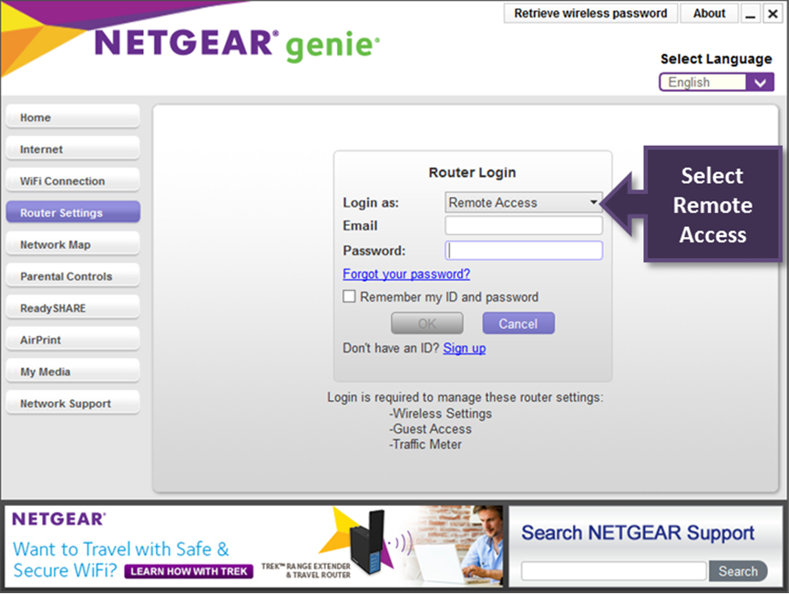 How do I remotely access my router using the NETGEAR Desktop genie