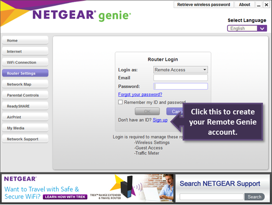 How do I remotely access my router using the NETGEAR Desktop genie