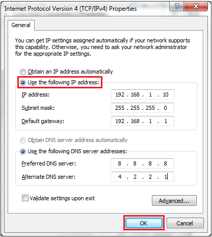 how to configure a static ip address