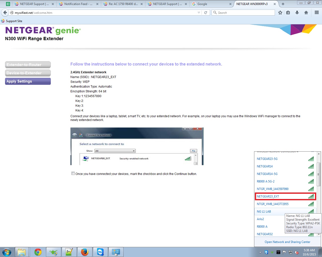 Initial installation of the range extender when using WEP encryption on