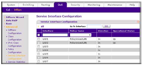 managed switch VLAN and QoS configuration interface screenshot