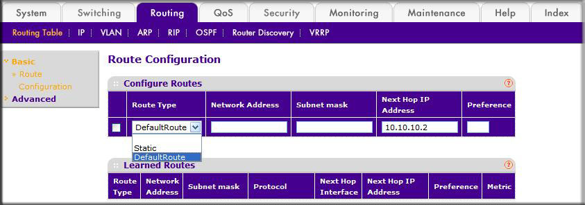 How do I add a default route using the web interface on my managed 
